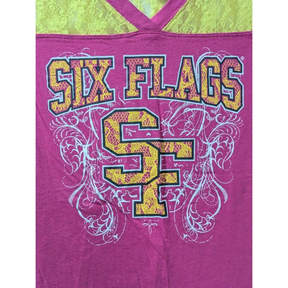 Six Flags Pink Yellow Lace V-Neck T-Shirt S Graphic Top Y2K Theme Park Tee - Picture 2 of 12